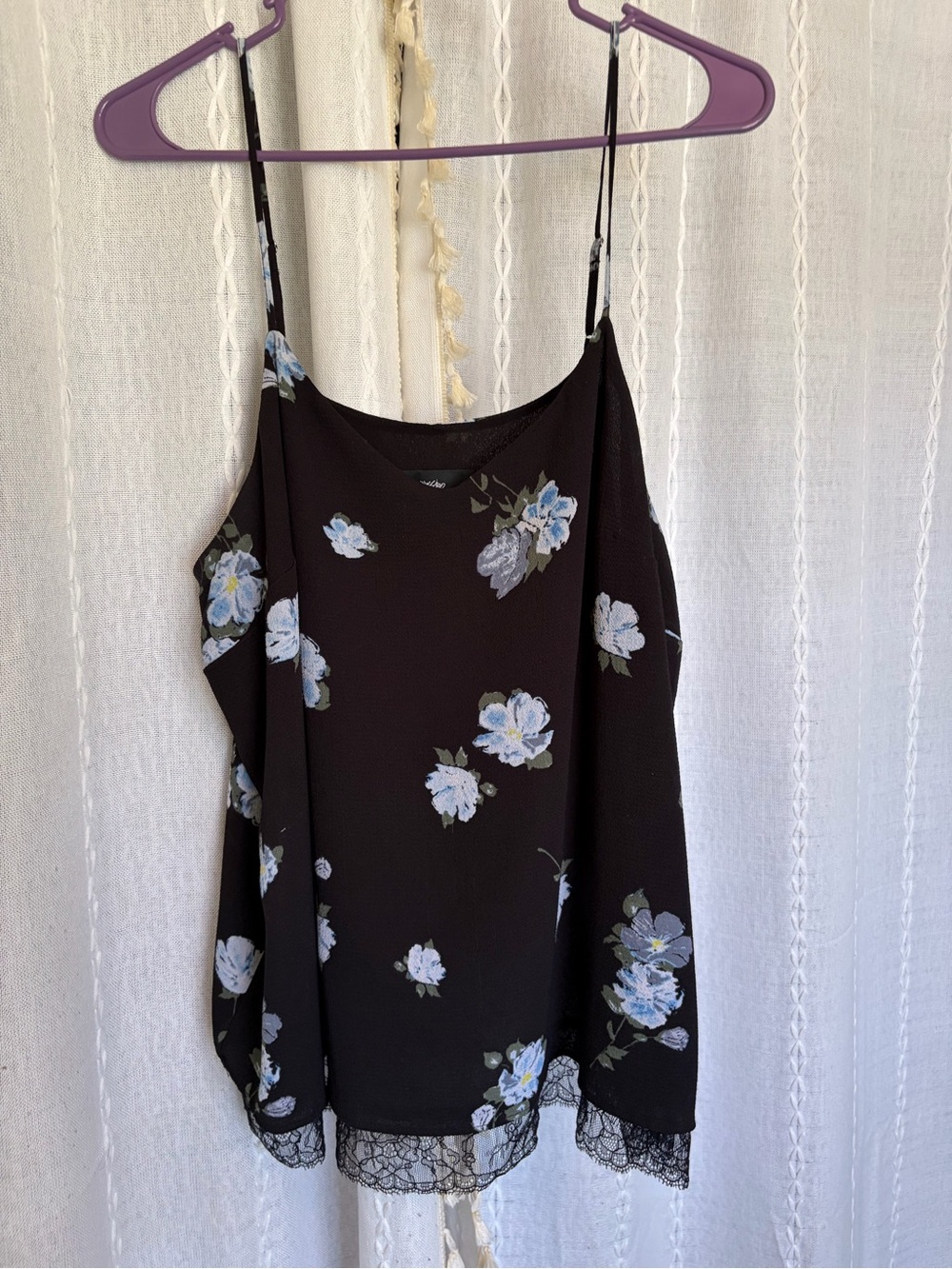 Mossimo Supply Co. Black Camisole with Blue Floral Print and Lace Trim